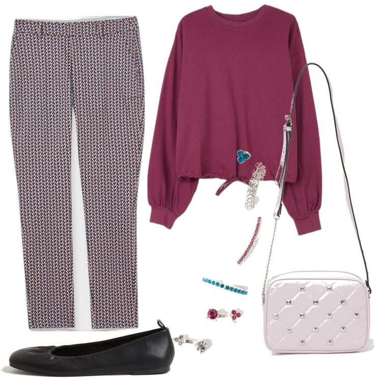 Outfit donna - 1646. Pantaloni optical. Stile Bon Ton per Tutti i giorni. Abbinamento con felpe, pantaloni, borse a tracolla, orecchini, ballerine.