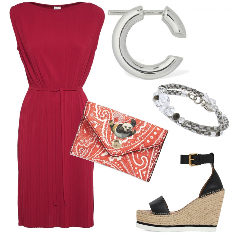 Outfit donna - Semplice ma chic. Stile Casual chic per Ufficio. Abbinamento con vestiti midi/longuette, zeppe, orecchini, pochette, braccialetti.