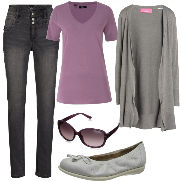 Outfit donna - 1653. Stile Urban per Tutti i giorni. Abbinamento con t-shirt, jeans slim fit, cardigans, occhiali da sole, ballerine.