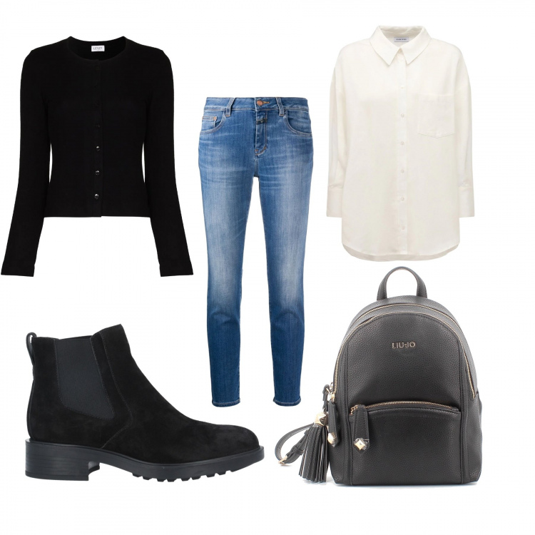 Outfit donna - Total look #1301143. Stile Casual chic per Tutti i giorni. Abbinamento con stivaletti, cardigans, jeans skinny, zaini, camicie.