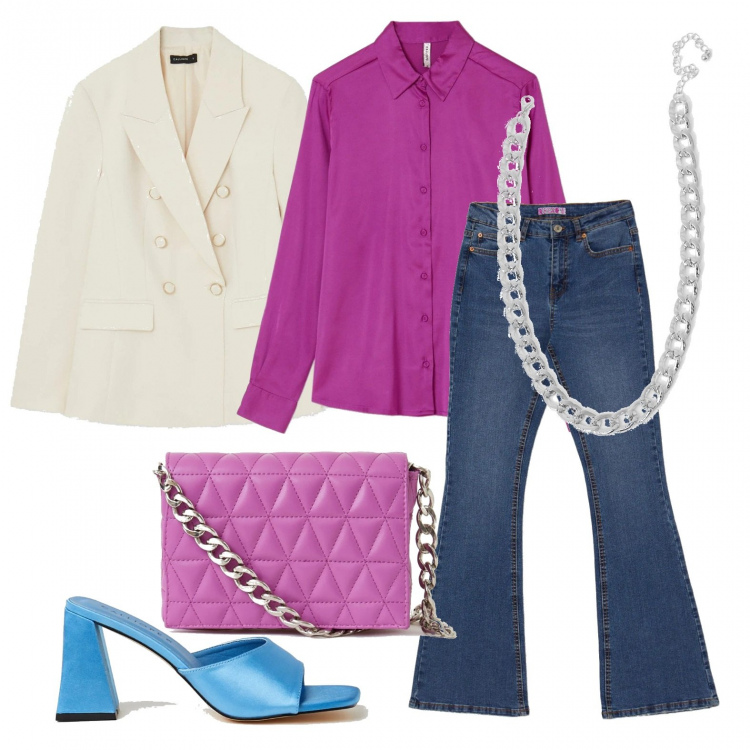 Outfit donna - Sandali per i primi caldi. Stile Trendy per Serata fuori. Abbinamento con camicie, jeans, sandali col tacco, blazer, borse a spalla, collane.