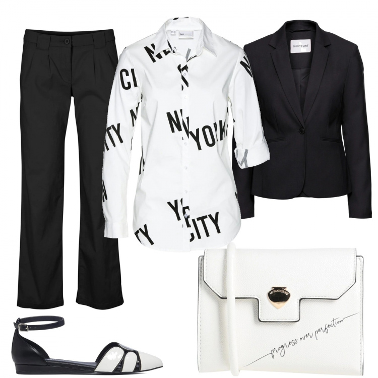 Outfit donna - Flat, chic, b&w. Stile Chic per Ufficio. Abbinamento con blazer, pantaloni chino, camicie, borse a tracolla, ballerine.