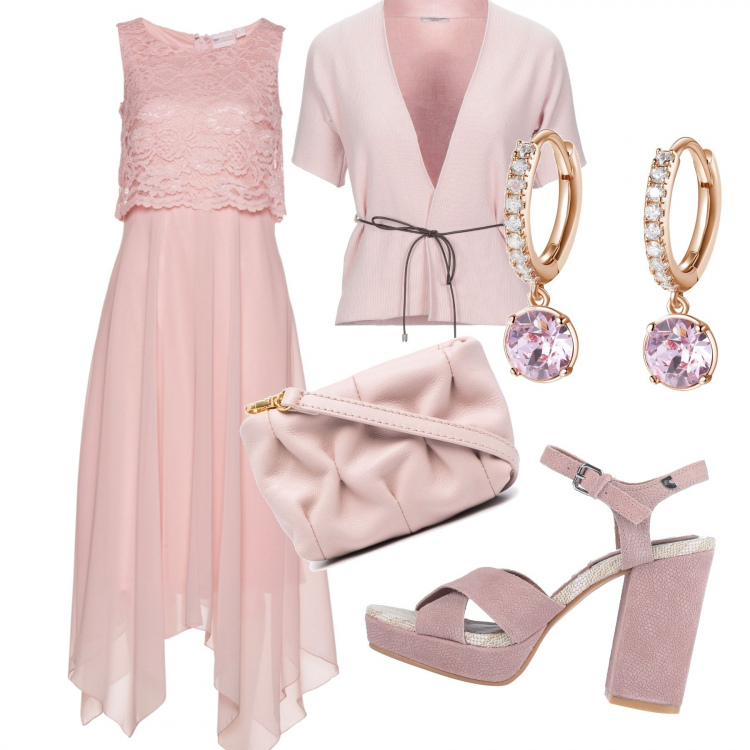 Outfit donna - Primavera in rosa. Stile Bon Ton per Serata fuori. Abbinamento con vestiti midi/longuette, sandali in pelle, cardigans, orecchini, borse a tracolla.