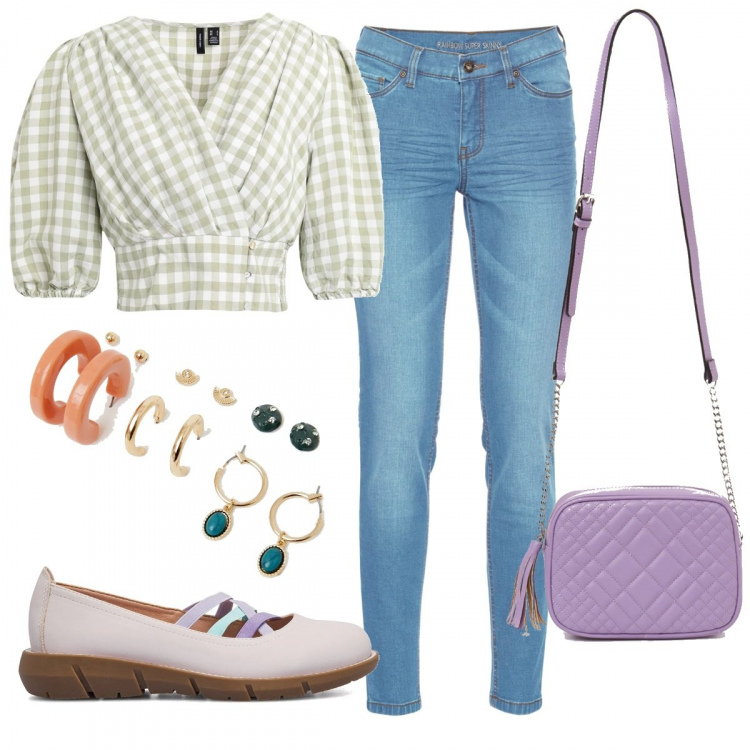 Outfit donna - #springtrendy. Stile Trendy per Tutti i giorni. Abbinamento con jeans skinny, top, orecchini, borse a tracolla, ballerine.