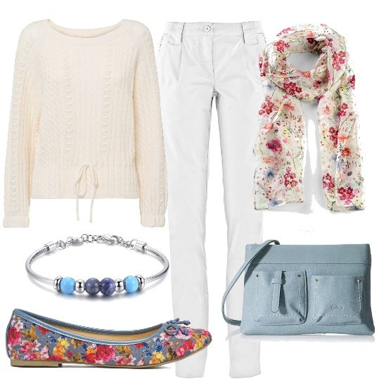 Outfit donna - La primavera ai piedi. Stile Casual chic per Tutti i giorni. Abbinamento con foulard, pantaloni chino, maglieria, braccialetti, ballerine, borse a tracolla.