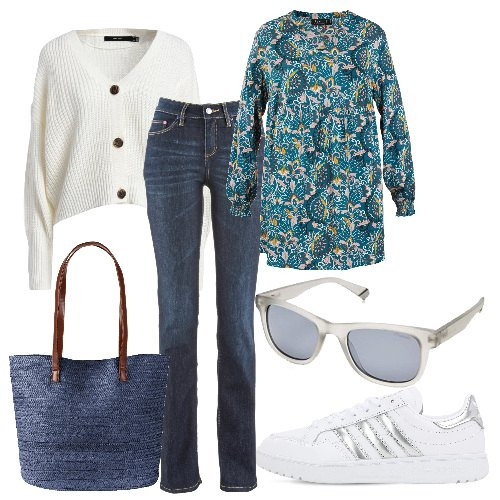 Outfit donna - Ufficio sprint. Stile Basic per Ufficio. Abbinamento con jeans dritti, bluse, shopping bag, cardigans, sneakers, occhiali da sole.