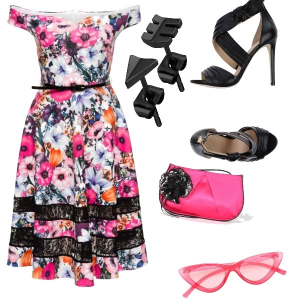 Outfit donna - Anemoni. Stile Bon Ton per Cerimonia. Abbinamento con maglieria, sandali col tacco, pochette con paillettes in raso, occhiali da sole, orecchini a perno.