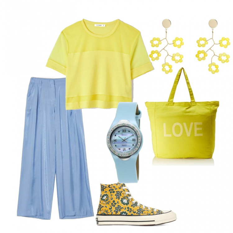 Outfit donna - Pace. Stile Minimal per Tutti i giorni. Abbinamento con orecchini, t-shirt, pantaloni a palazzo, sneakers, borse tote, orologi.