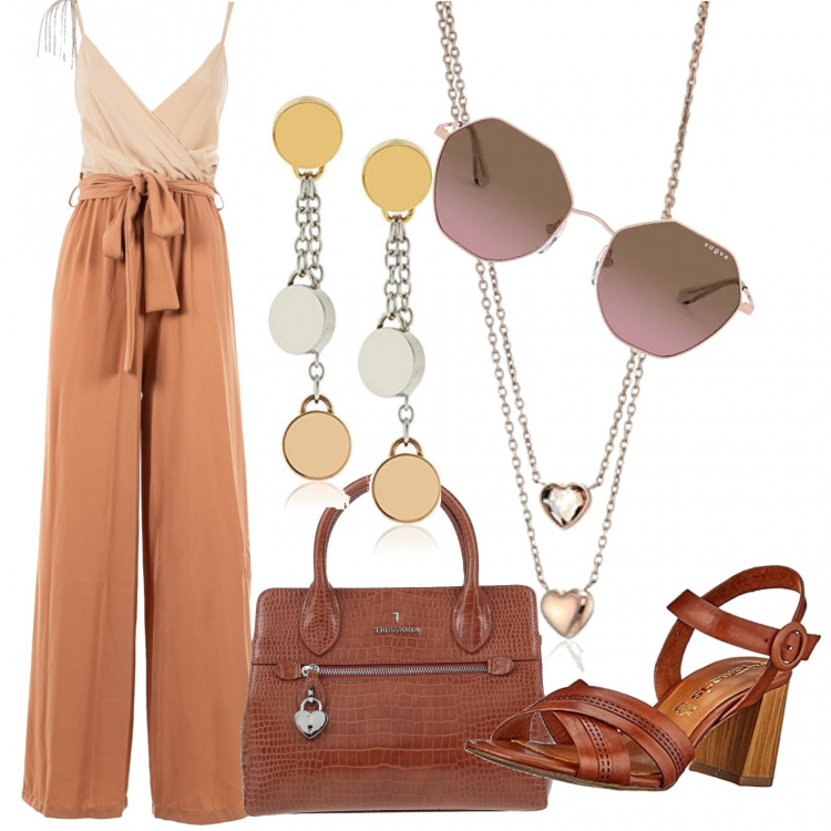 Outfit donna - Total look #1301868. Stile Urban per Tutti i giorni. Abbinamento con occhiali da sole, borse a mano, vestiti lunghi, sandali col tacco, ciondoli, orecchini.
