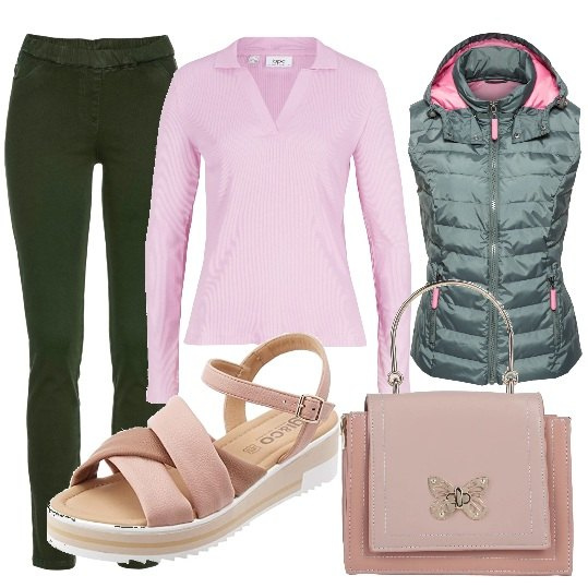 Outfit donna - Bantoa SS22. Stile Casual per Tutti i giorni. Abbinamento con gilet, polo, pantaloni, borse a mano, sandali in pelle.