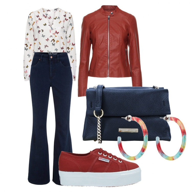 Outfit donna - La domenica delle farfalle. Stile Casual per Tutti i giorni. Abbinamento con bluse, jeans a zampa, giacche, sneakers, borse a tracolla, orecchini.