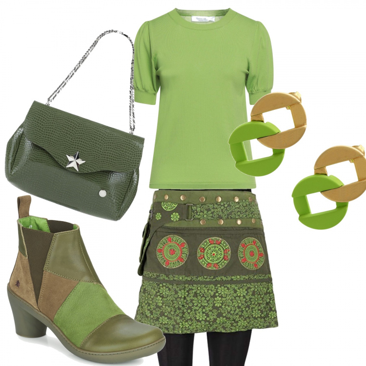 Outfit donna - Sfumature di verde. Stile Boho per Tutti i giorni. Abbinamento con orecchini, borse a mano, pullovers, stivaletti, minigonne.