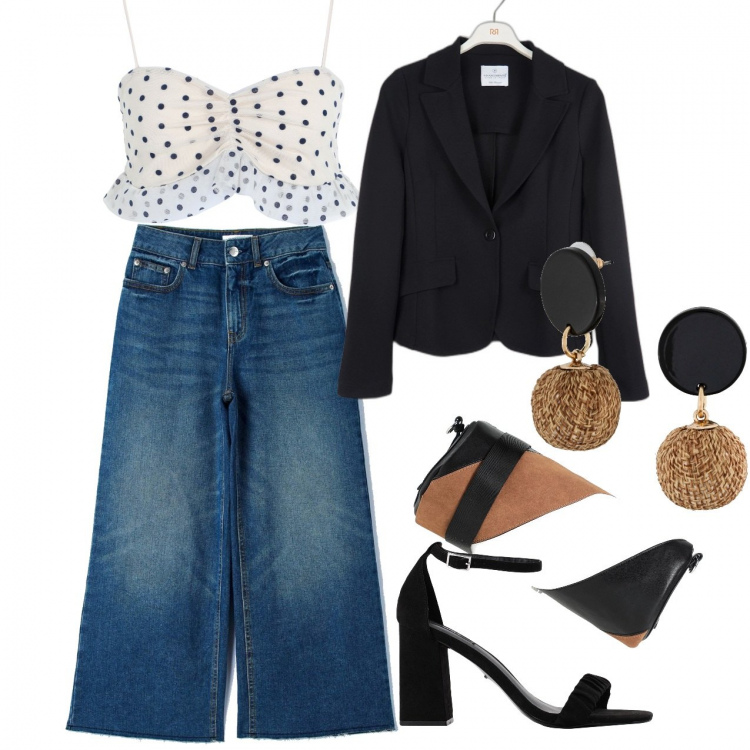 Outfit donna - Pois di sera. Stile Chic per Serata fuori. Abbinamento con orecchini, sandali col tacco, borse a tracolla, top, jeans dritti, blazer.