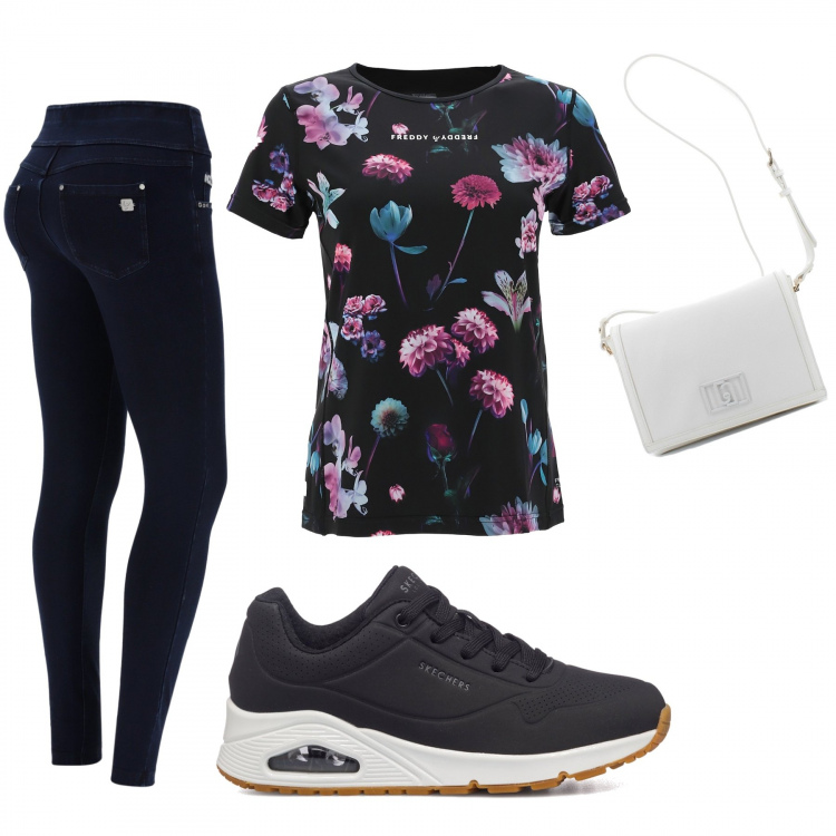 Outfit donna - Spring casual. Stile Casual per Tutti i giorni. Abbinamento con t-shirt, jeans slim fit, borse a tracolla, sneakers.
