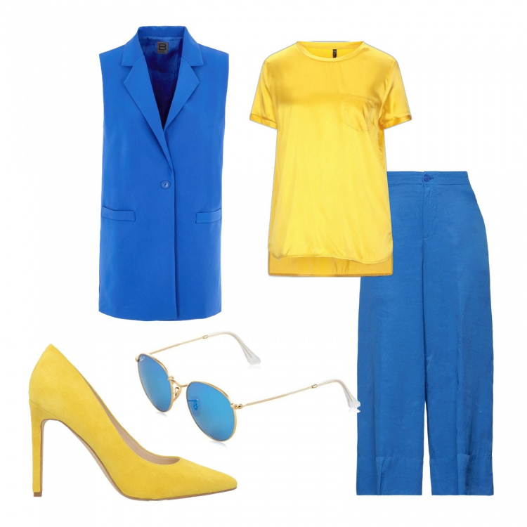 Outfit donna - #StopWar al lavoro. Stile Trendy per Ufficio. Abbinamento con décolleté, bluse, pantaloni capri, blazer, occhiali da sole.