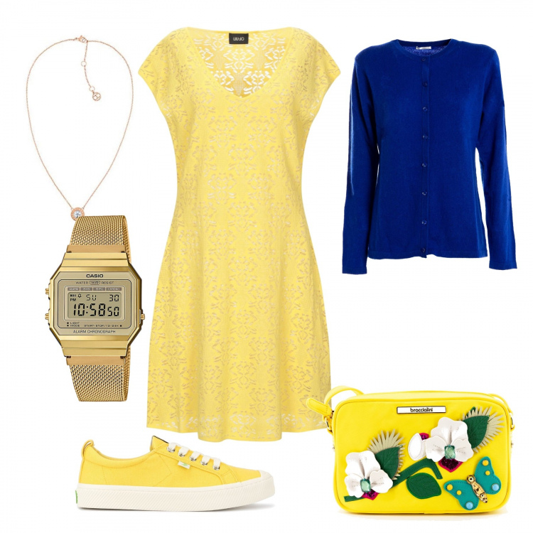Outfit donna - Vicino all’ucraina. Stile Casual Abbinamento con vestiti corti, borse a tracolla, cardigans, sneakers, ciondoli, orologi.