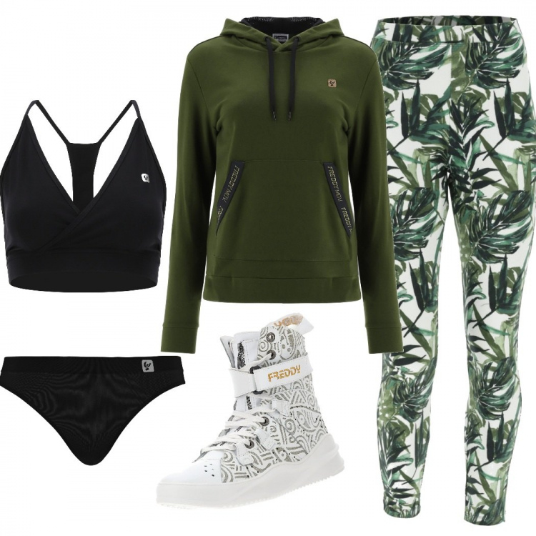 Outfit donna - Freddy style in città. Stile Urban per Tutti i giorni. Abbinamento con perizomi, leggings, felpe con cappuccio, stivali, reggiseni.
