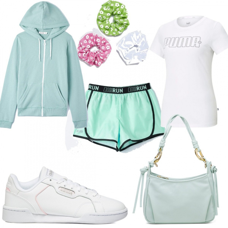 Outfit donna - Terranova SS22: short in primavera. Stile Basic per Sport. Abbinamento con felpe con cappuccio, pantaloni corti, accessori per capelli, sneakers, borse a mano, t-shirt.