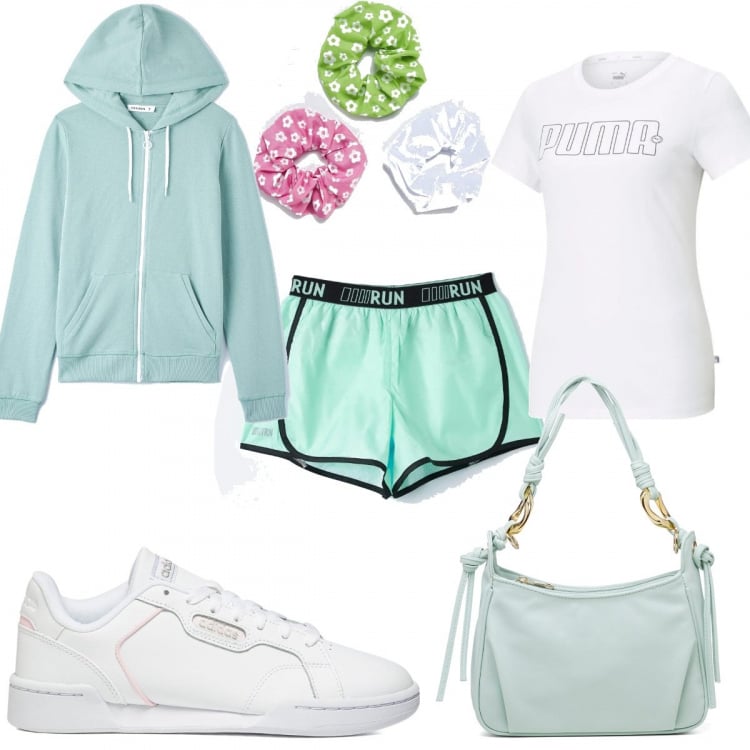 Outfit donna - Terranova SS22: short in primavera. Stile Basic per Sport. Abbinamento con felpe con cappuccio, pantaloni corti, accessori per capelli, sneakers, borse a mano, t-shirt.