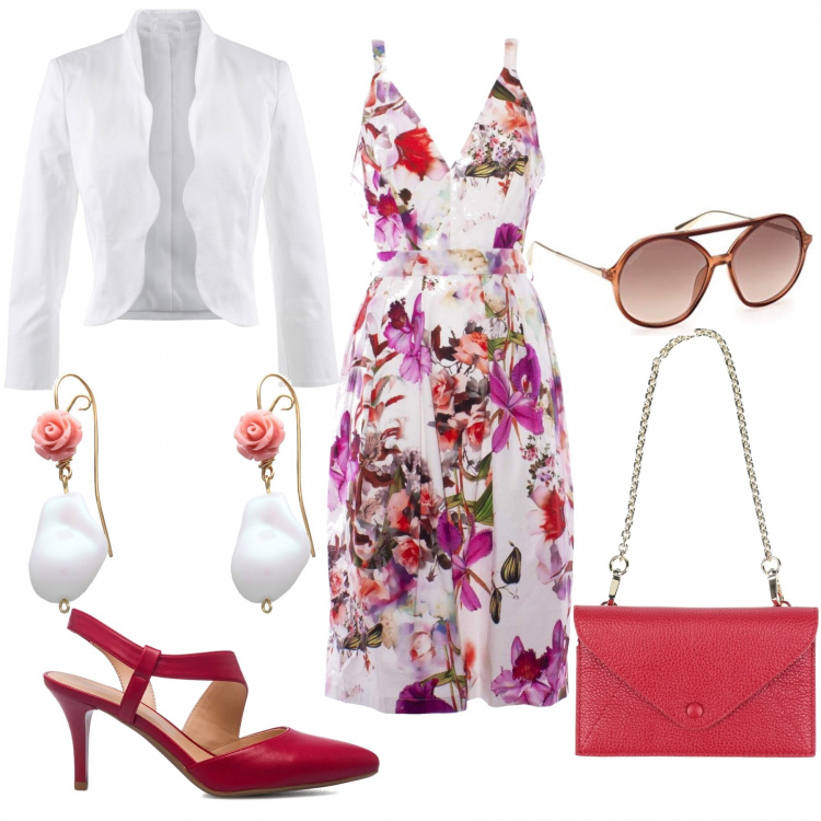Outfit donna - Cerimonia low cost. Stile Romantica per Cerimonia. look ideale per Tall. Abbinamento con blazer, pochette, orecchini, vestiti midi/longuette, décolleté, occhiali da sole.