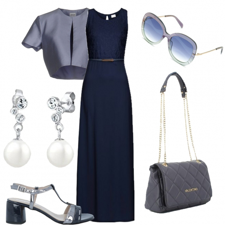 Outfit donna - Cerimonia in lungo blu. Stile Chic per Cerimonia. Abbinamento con vestiti lunghi, blazer, sandali in pelle, occhiali da sole, borse a tracolla, orecchini.