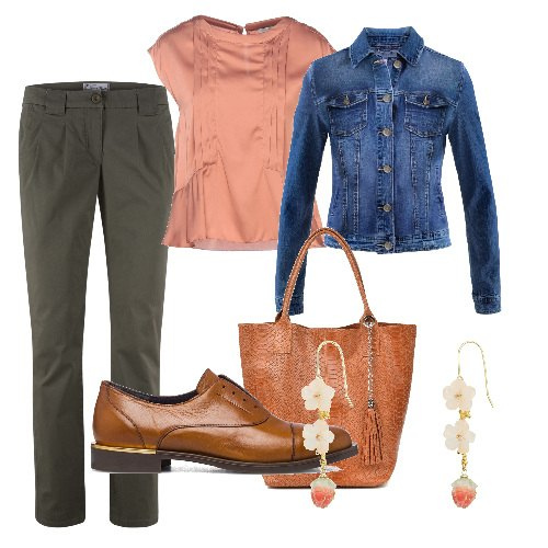 Outfit donna - Blusa in raso. Stile Mannish per Ufficio. Abbinamento con pantaloni chino, giacche, bluse, borse a mano, orecchini, scarpe stringate.