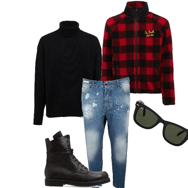 Outfit uomo - Casual #7270. Stile Casual per Tutti i giorni. Abbinamento con jeans, giacche, maglieria, stivali, occhiali da sole.