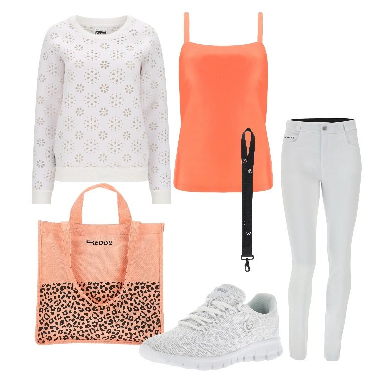 Outfit donna - Casual con Freddy. Stile Casual per Tutti i giorni. Abbinamento con canottiere, felpe, jeans skinny, sneakers, portachiavi, shopping bag.
