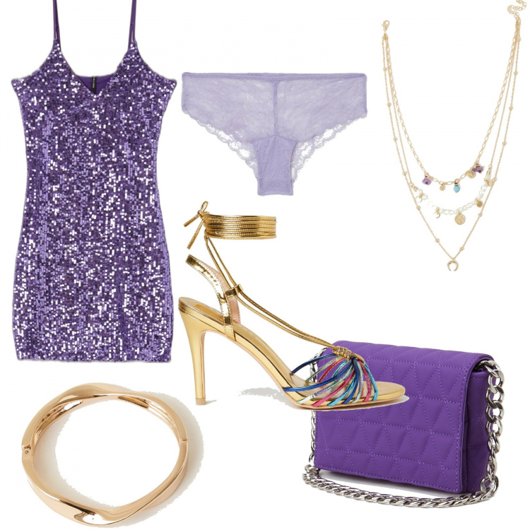 Outfit donna - Total look #1302636. Stile Glamour per Serata fuori. Abbinamento con sandali col tacco, vestiti, borse a spalla, ciondoli, braccialetti, slip.
