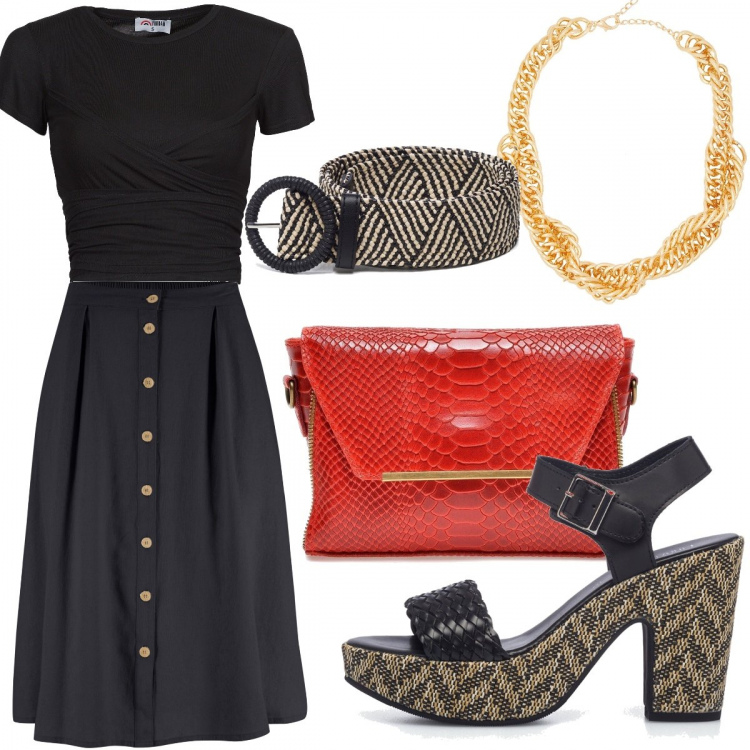 Outfit donna - Vintage style. Stile Vintage retrò per Serata fuori. Abbinamento con gonne longuette, borse a spalla, collane, camicie, sandali col tacco, cinture.