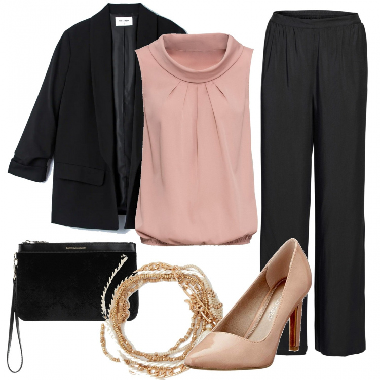Outfit donna - Cerimonia in pantaloni. Stile Casual chic per Cerimonia. Abbinamento con borse a mano, top, pantaloni a palazzo, blazer, braccialetti, décolleté.