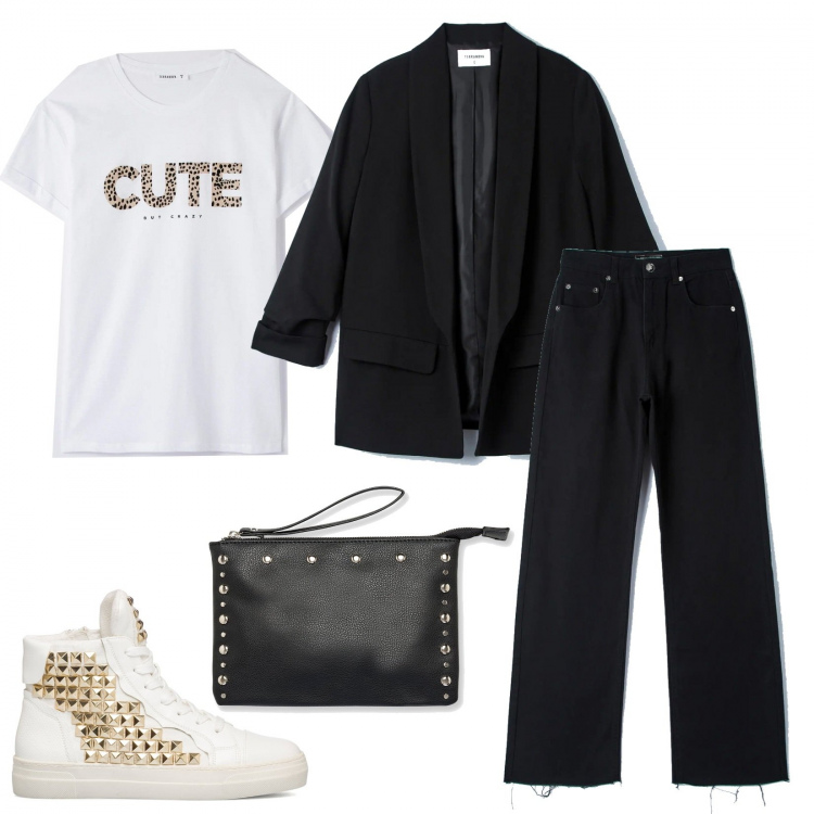 Outfit donna - Casual rock spring Terranova. Stile Rock per Tutti i giorni. Abbinamento con pantaloni, blazer, t-shirt, sneakers alte, clutch.
