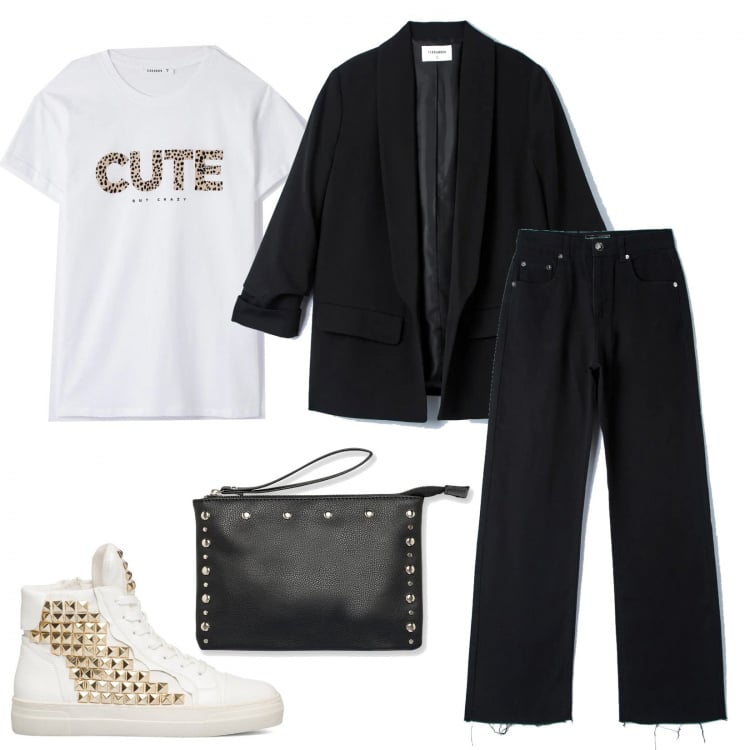 Outfit donna - Casual rock spring Terranova. Stile Rock per Tutti i giorni. Abbinamento con pantaloni, blazer, t-shirt, sneakers alte, clutch.