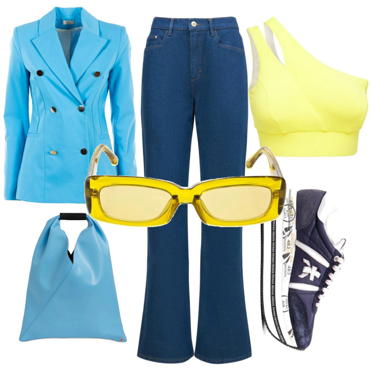 Outfit donna - Total look #1302795. Stile Casual chic per Serata fuori. Abbinamento con giacche, sneakers, jeans, occhiali da sole, top, shopping bag.