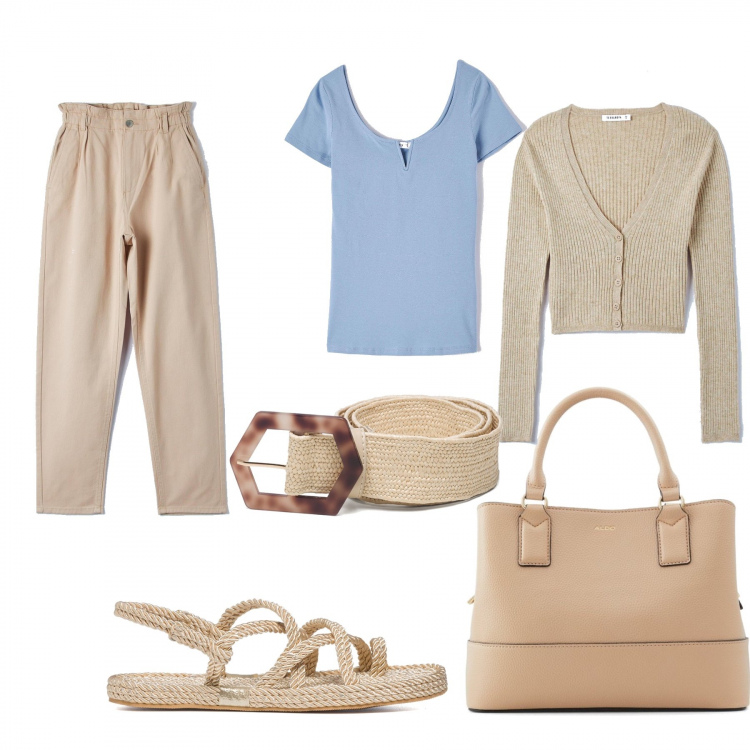 Outfit donna - Estate low cost. Stile Casual Abbinamento con pantaloni, cardigans, t-shirt, borse a mano, sandali, cinture.