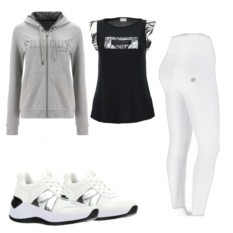 Outfit donna - Freddy style. Stile Sporty chic per Tutti i giorni. Abbinamento con pantaloni skinny, felpe con cappuccio, t-shirt, sneakers.
