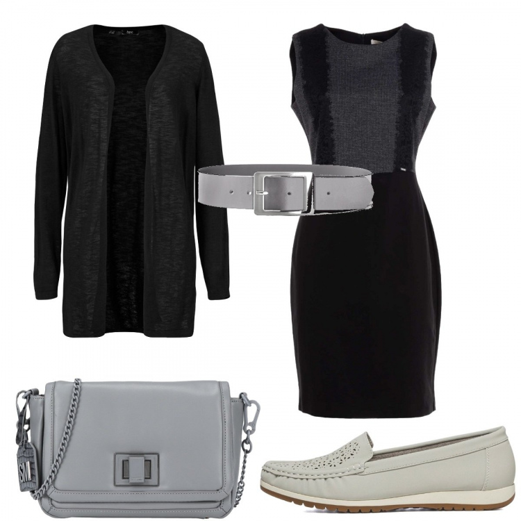 Outfit donna - Minimal in grigio e nero. Stile Minimal per Ufficio. Abbinamento con cardigans, cinture, borse a tracolla, vestiti corti, mocassini.