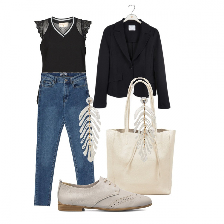 Outfit donna - Stringate di sera. Stile Casual chic per Serata fuori. Abbinamento con orecchini, borse a mano, blazer, camicie, jeans skinny, scarpe stringate.
