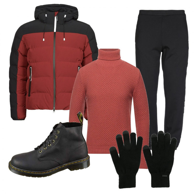Outfit uomo - Il dolcevita e gli anfibi. Stile Trendy per Tutti i giorni. Abbinamento con piumini, guanti, pantaloni, maglieria, anfibi.