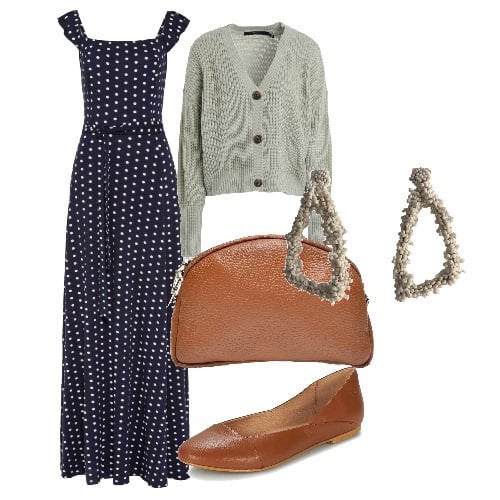 Outfit donna - Quel mitico abitino a pois. Stile Casual chic per Serata fuori. Abbinamento con cardigans, orecchini, pochette, vestiti lunghi, ballerine.