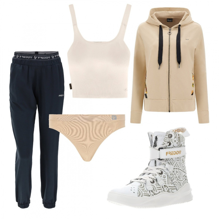 Outfit donna - Ti aspetto a casa mia. Stile Sporty chic per Sport. Abbinamento con perizomi, felpe con cappuccio, stivali, pantaloni, top.