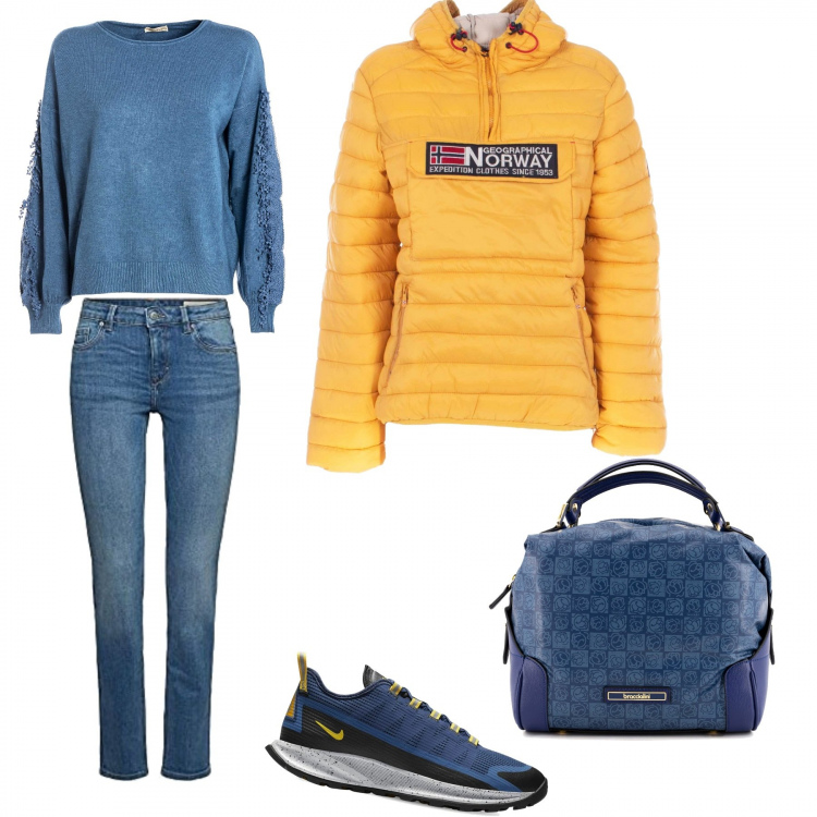 Outfit donna - Stopwar. Stile Urban Abbinamento con pullovers, piumini, borse a tracolla, jeans dritti, sneakers.