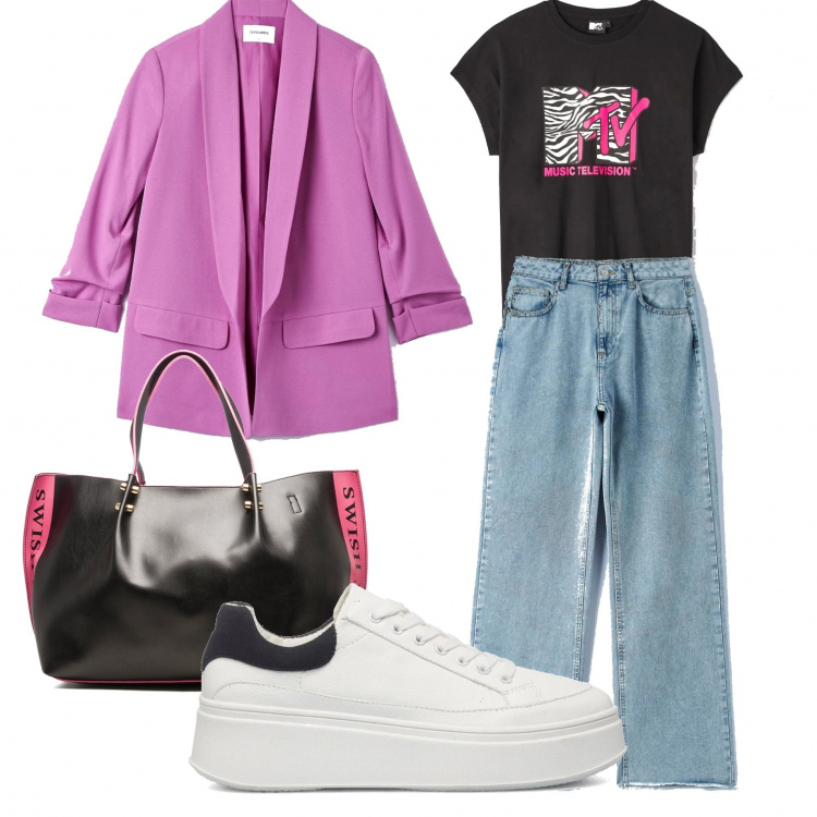 Outfit donna - Total look #1303556. Stile Urban per Scuola/Università. Abbinamento con jeans dritti, blazer, t-shirt, sneakers, borse a spalla.