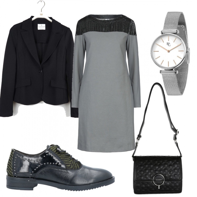 Outfit donna - Minimal ad aprile. Stile Minimal per Ufficio. Abbinamento con vestiti corti, scarpe stringate, orologi, borse a tracolla, blazer.