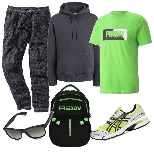 Outfit uomo - Grigio e verde in palestra. Stile Urban per Sport. Abbinamento con pantaloni, felpe con cappuccio, borse sportive, t-shirt, sneakers, occhiali da sole.