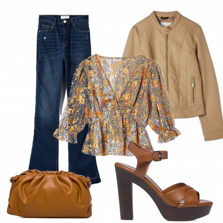 Outfit donna - Casual #6158. Stile Casual per Tutti i giorni. Abbinamento con camicie, jeans a zampa, cappotti, sandali in pelle, borse a tracolla.