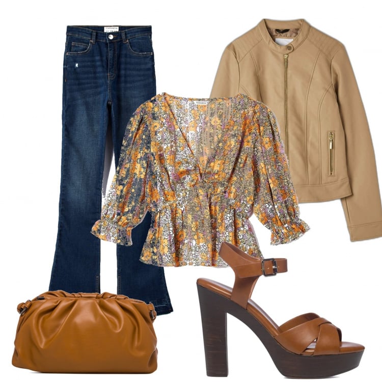 Outfit donna - Casual #6158. Stile Casual per Tutti i giorni. Abbinamento con camicie, jeans a zampa, cappotti, sandali in pelle, borse a tracolla.