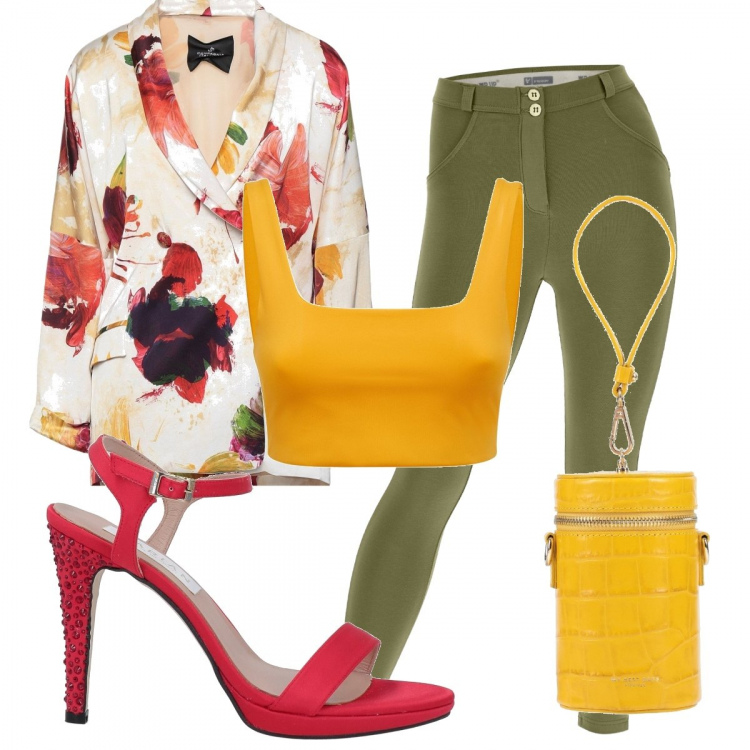 Outfit donna - Total look #1303856. Stile Glamour per Serata fuori. Abbinamento con blazer, borse a mano, sandali in pelle, pantaloni skinny, top.