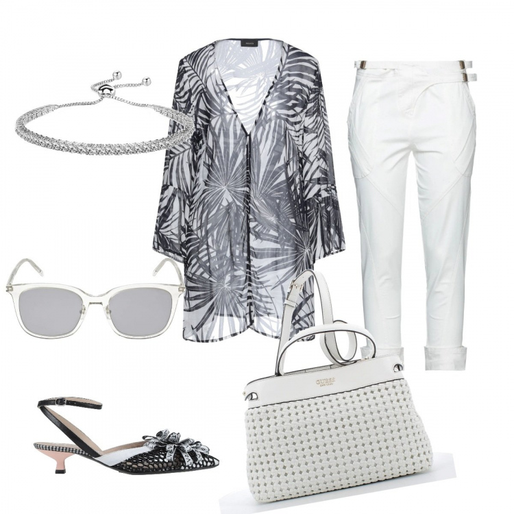 Outfit donna - Estate a Saint tropez. Stile Chic per Serata fuori. Abbinamento con bluse, pantaloni, décolleté, braccialetti, borse a tracolla, occhiali da sole.