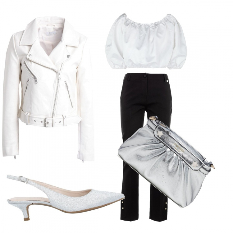 Outfit donna - Forever bianco e nero. Stile Casual chic per Serata fuori. Abbinamento con décolleté, giacche, bluse, pantaloni, clutch.